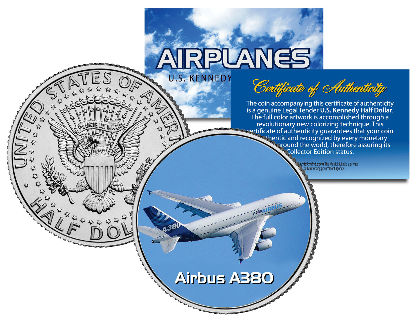 AIRBUS A380 * Airplane Series * JFK Kennedy Half Dollar Colorized US Coin