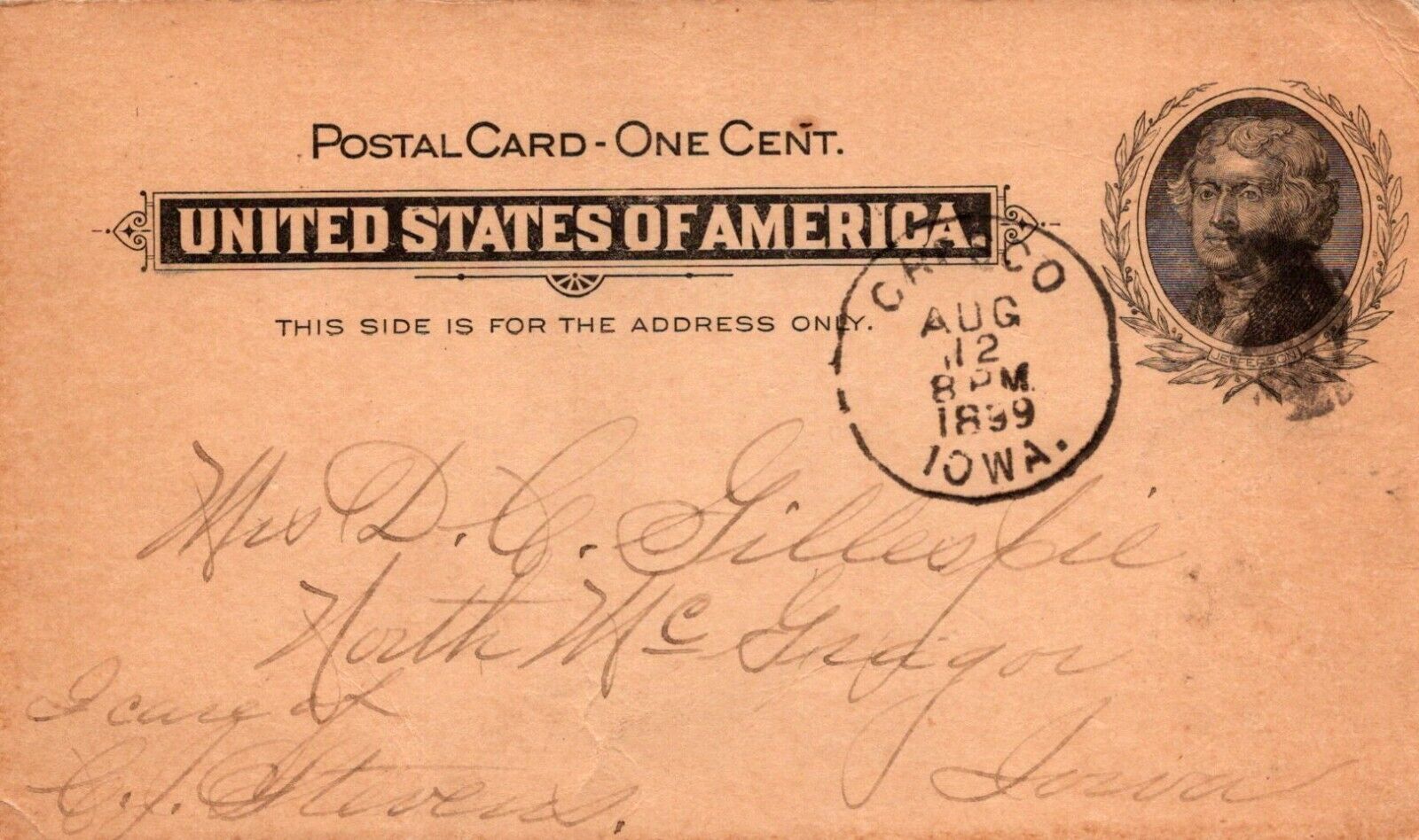 United States Super Rare 1899 Postal Card Jefferson Stamp Iowa Postmark