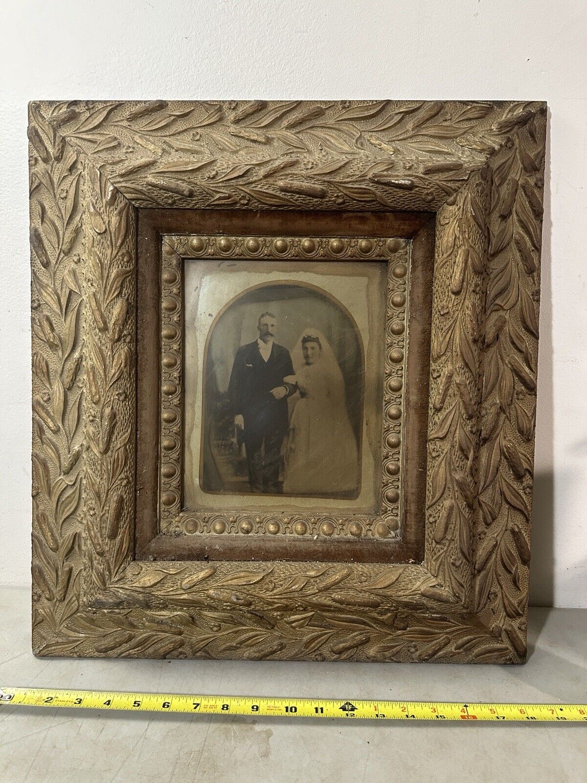 21x19” Antique Wooden Frame Carved Cattails & Full Plate Tintype Wedding Photo