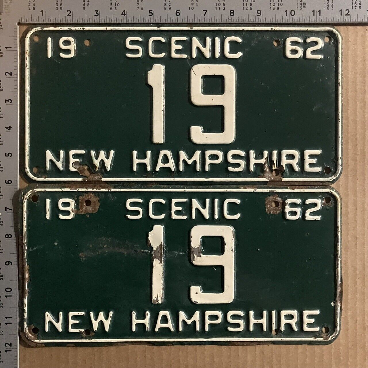 1962 New Hampshire low number license plate pair 19 YOM DMV LOW LOW LOW 12178