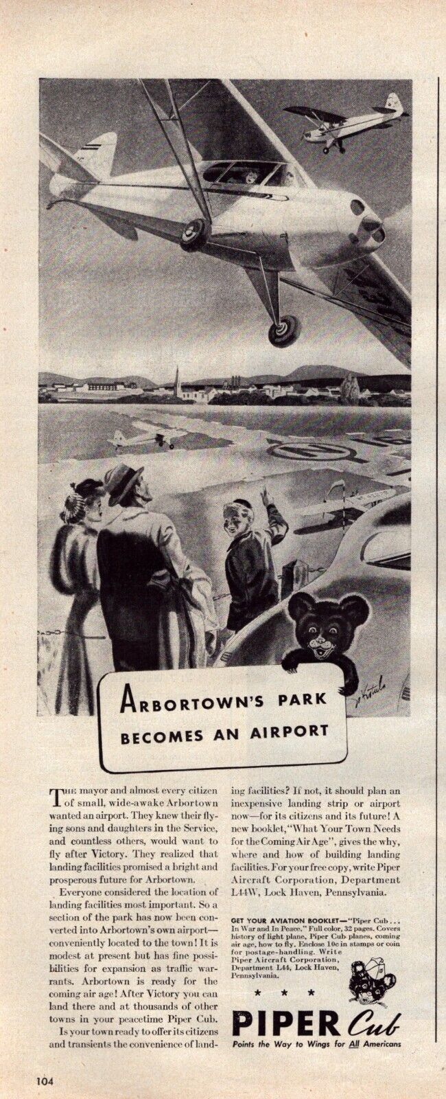 1944 Piper Cub Airplane Print Ad WWII Era Arbortowns Park Airport