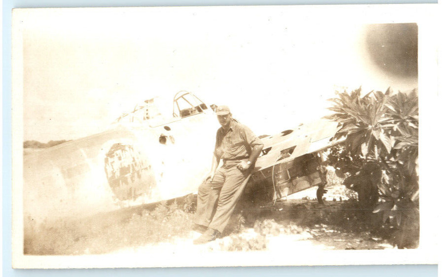 Vintage Photo 1945, US Army Soldier Posing on Crashed Japan Plane, 4.5x3