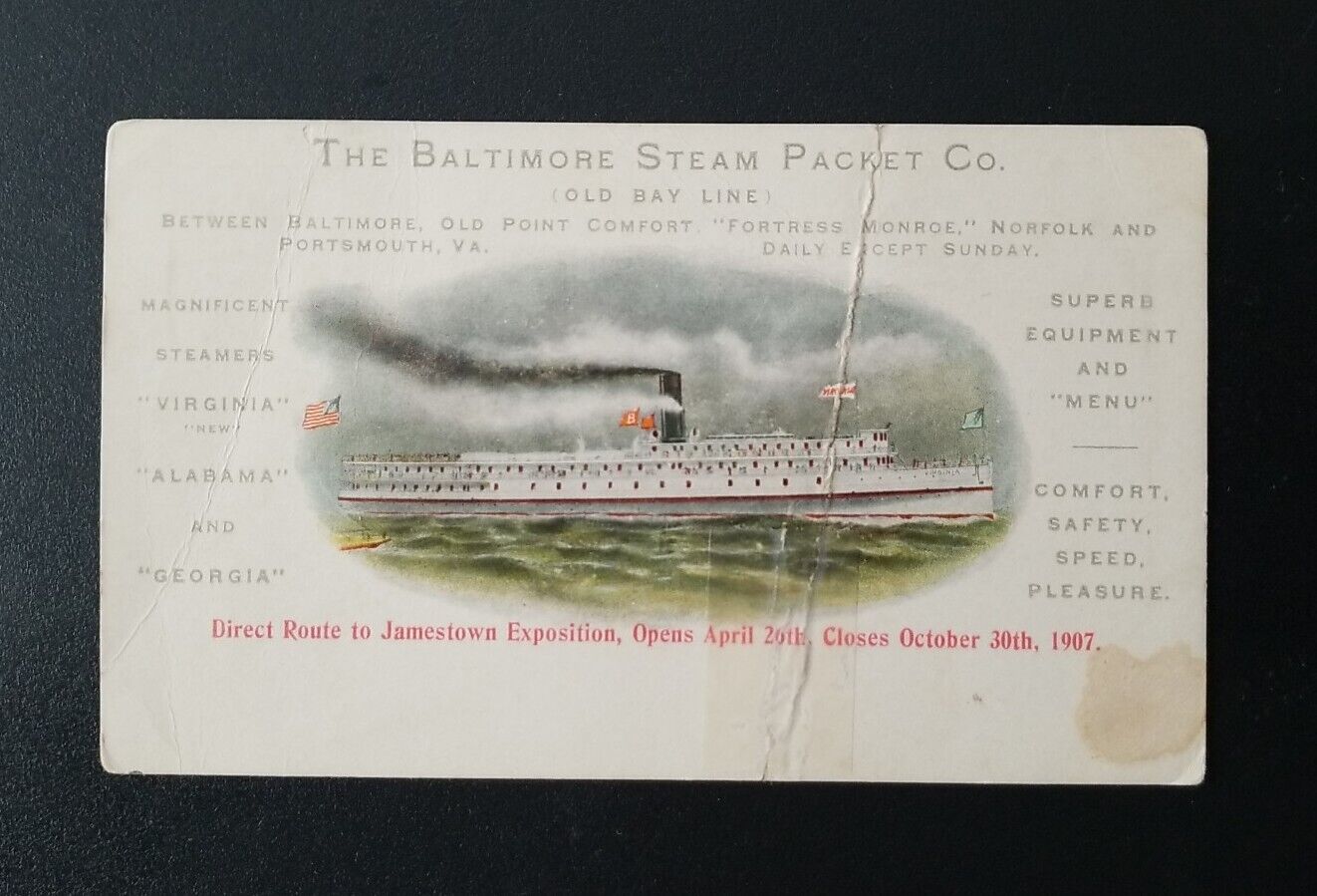 Antique 1907 RPPC ( Real Photo Postcard ) Of The Baltimore Steam Packet Co 