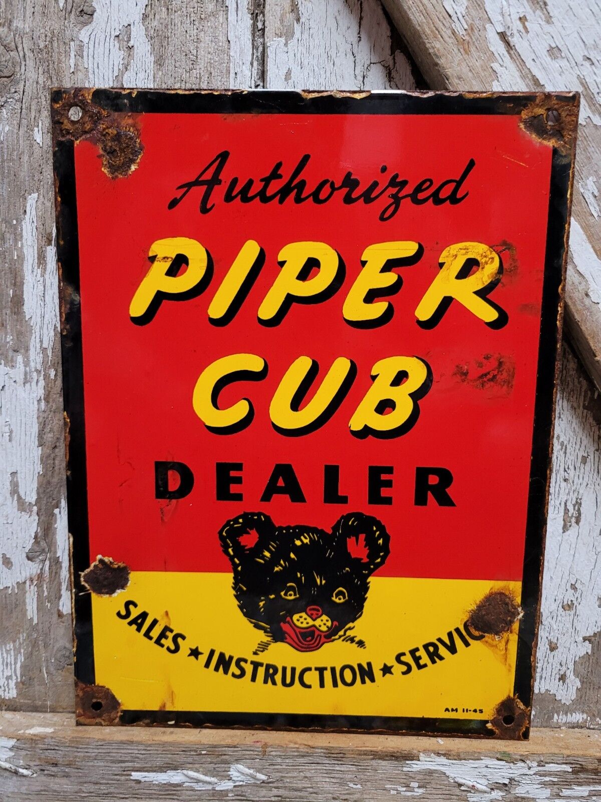 VINTAGE PIPER CUB PORCELAIN SIGN 1945 AVIATION AIRPLANE FLYING SERVICE SALES