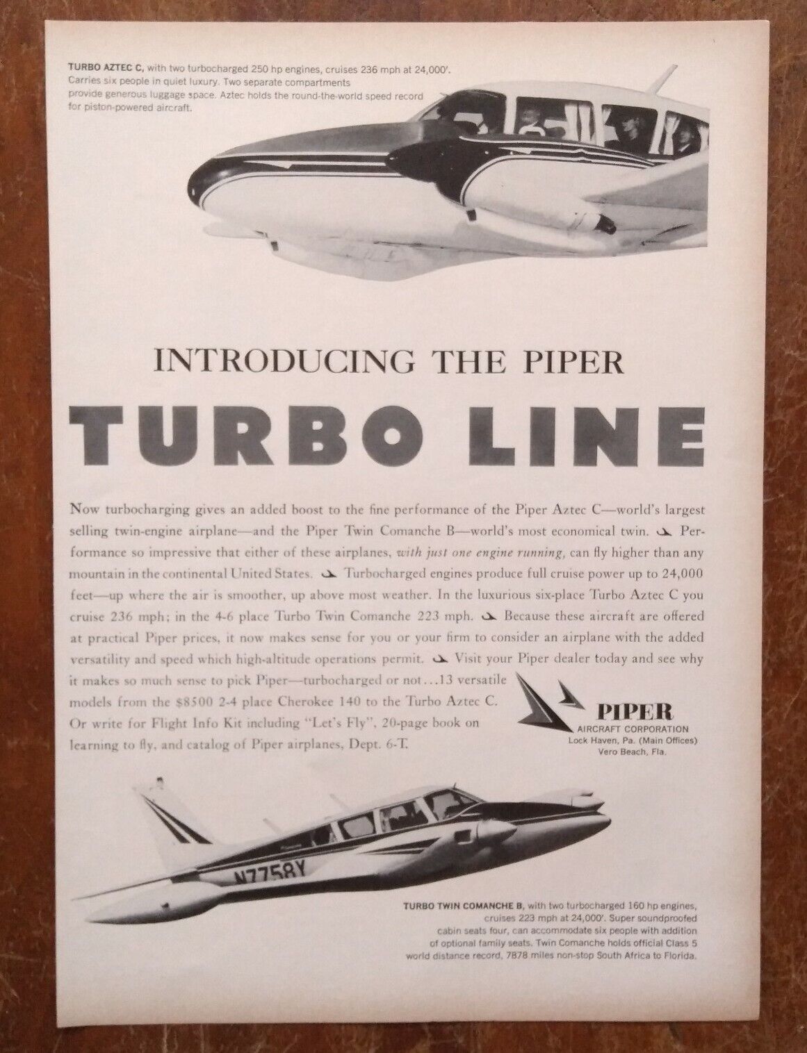 1966 Piper Turbo Aztec Commanche C Twin Engine Airplane Photo Vintage Print Ad