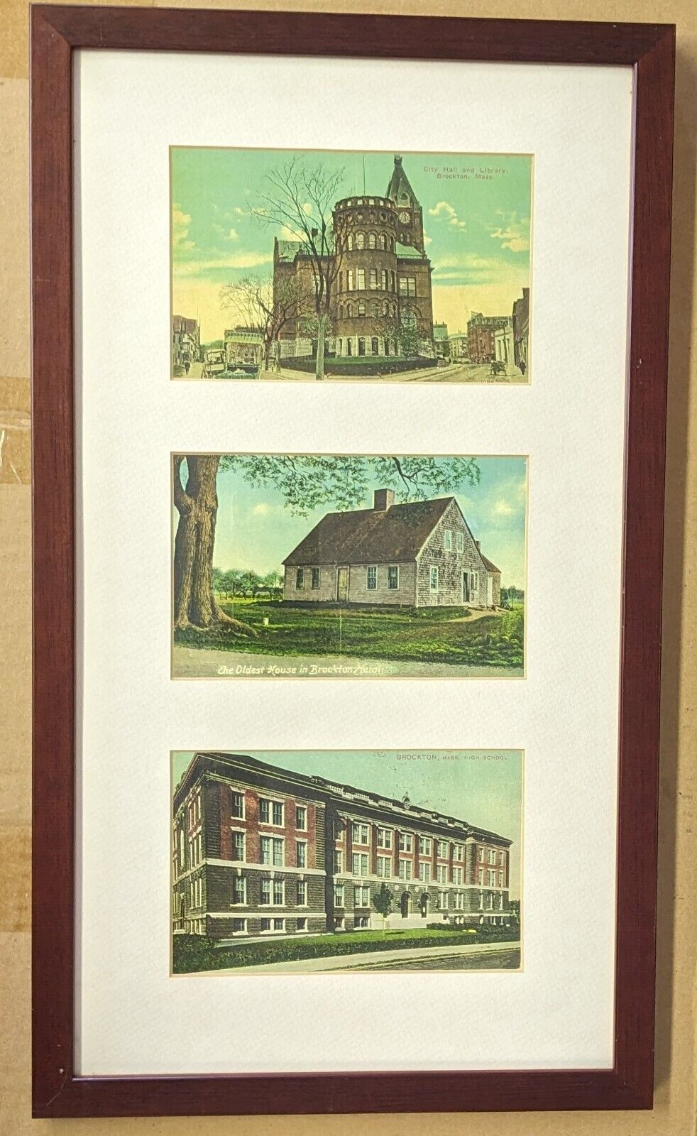 3 Framed Postcards Brockton MA c1910 Library Town Hall High School Oldest House