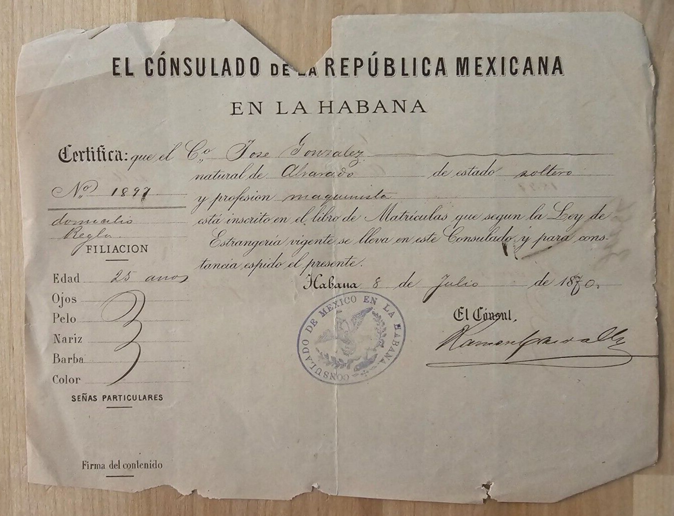 Cuban Cuba Letter 1880 MEXICO MEXICAN EMBASSY Nationality Certificate DOCUMENT