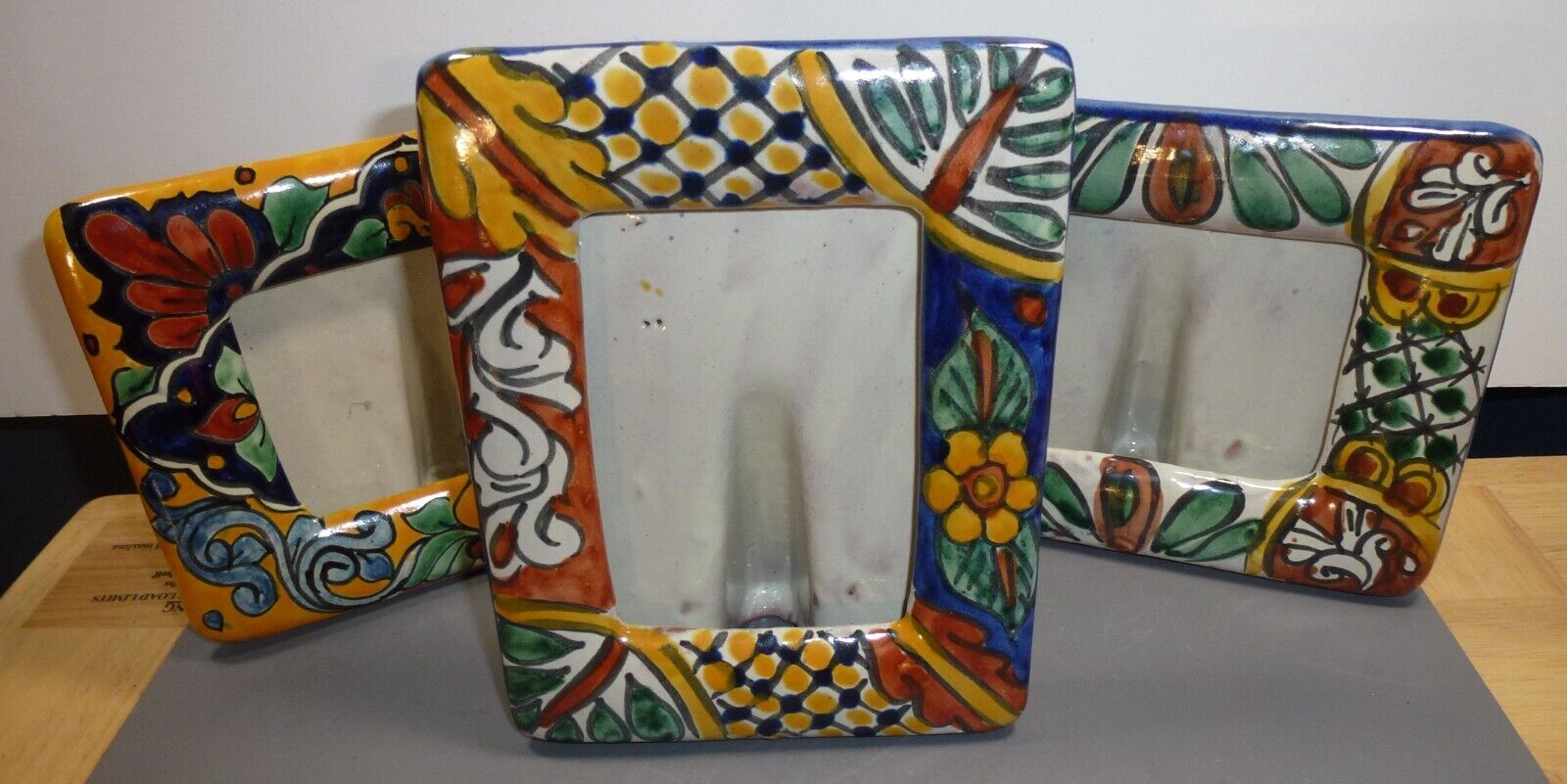 Lot of Three (3) Vintage Talavera Mexico Pottery Hand Painted Picture Frames