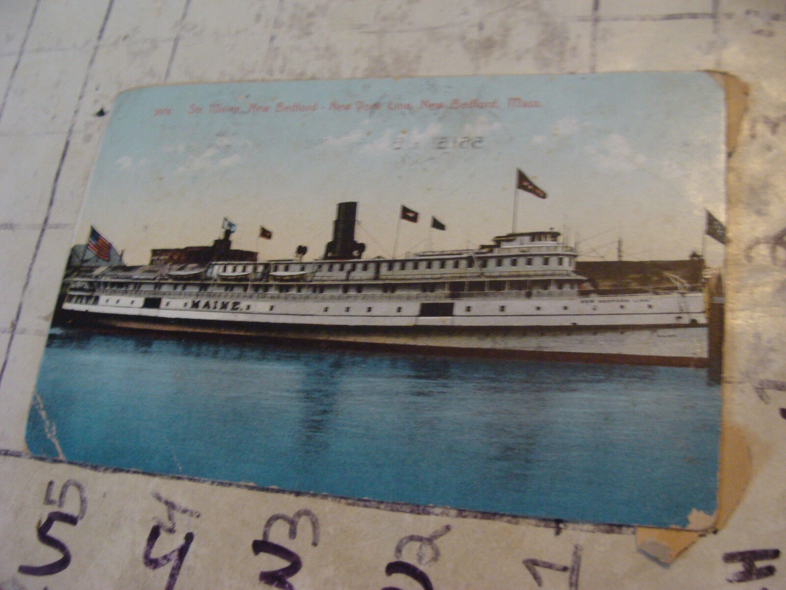 Orig Vint post card 1910 str. maine, new bedford, new york line, new bedford mas