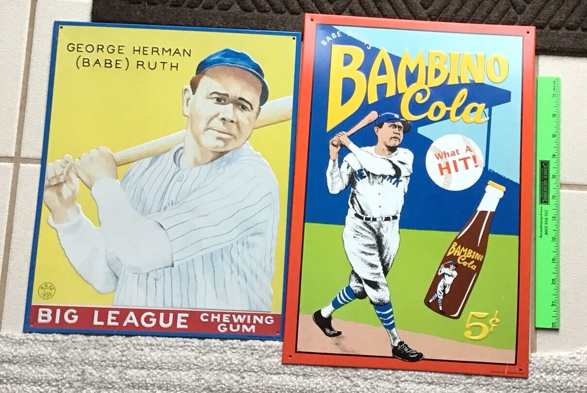 Lot Of 2 Vintage 90s Babe Ruth Bambino Cola And 1933 Goudey Metal Tin Signs