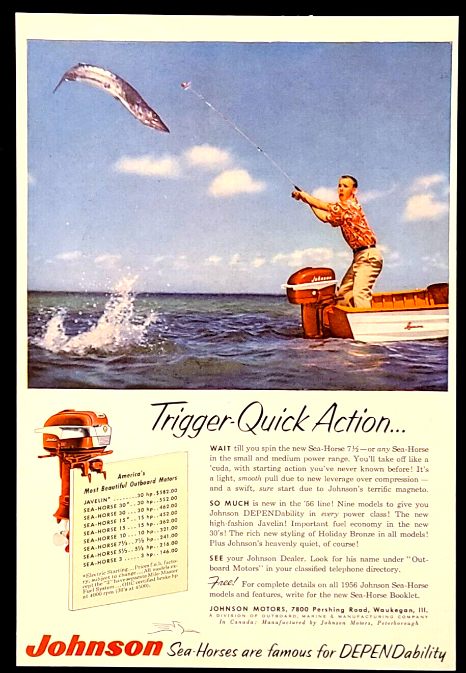 Johnson Sea-Horse Outboard Motor 1956 Vintage Print Ad