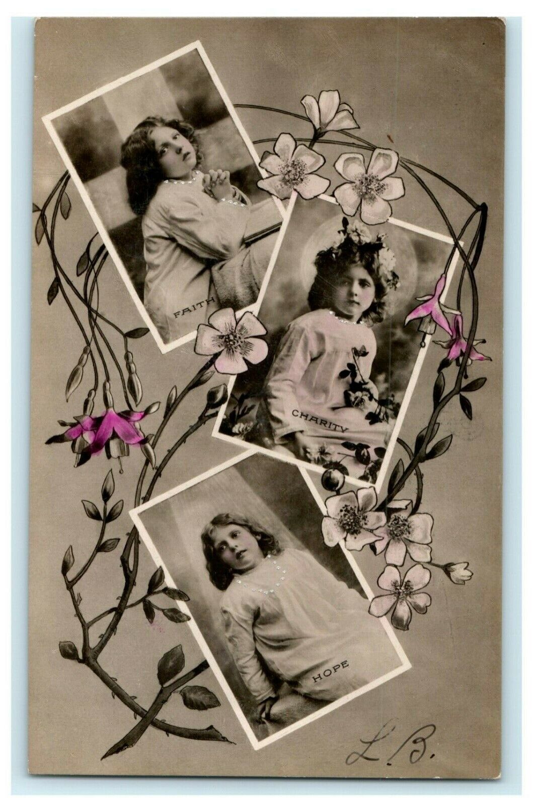 c1905 Child Girl Faith Charity Hope RPPC Photo Austria Posted Antique Postcard
