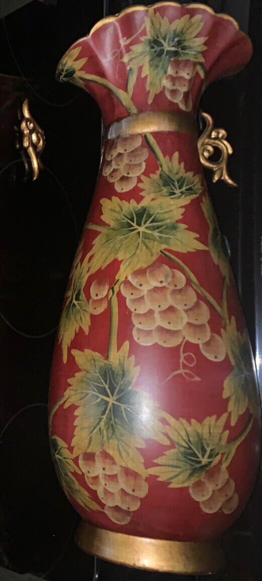 Vintage Red Fan Opening Bronze Vase Trimmed In Gold Grapes & Leaves Hand Painted