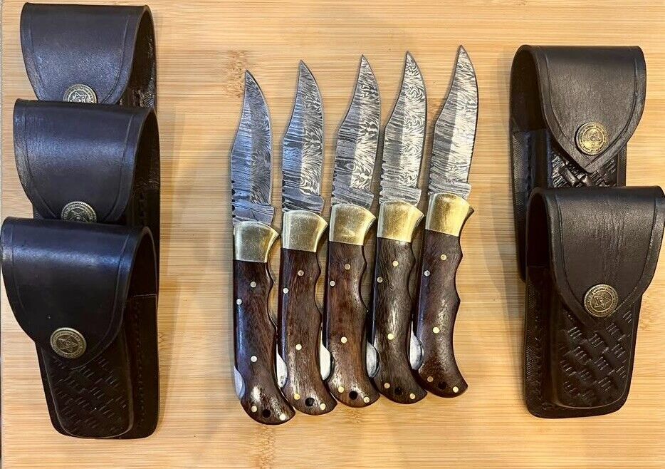 LOT of 5 pcs Damascus Steel Hunting Folding knife, Pocket Knives w/ Sheath WL
