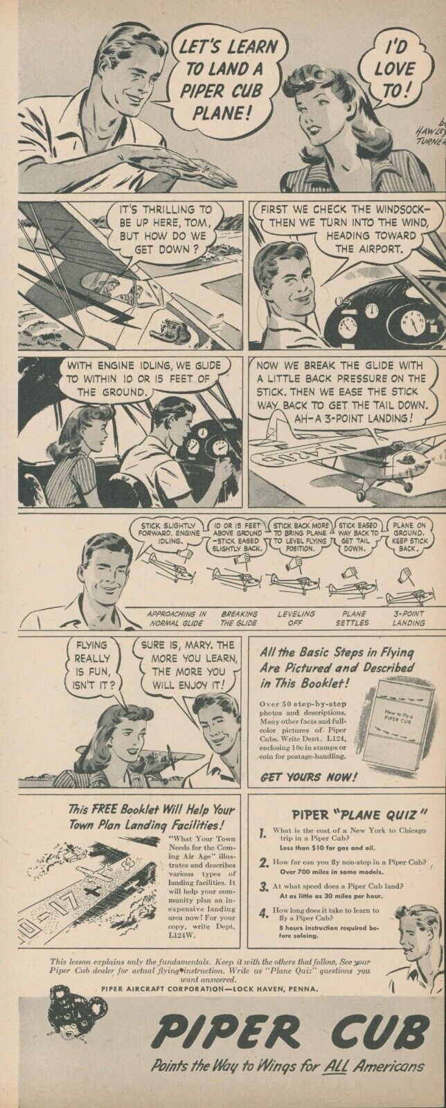 1944 Piper Cub Hawley Turner 3 Point Landing Lesson Quiz Vintage Print Ad L22