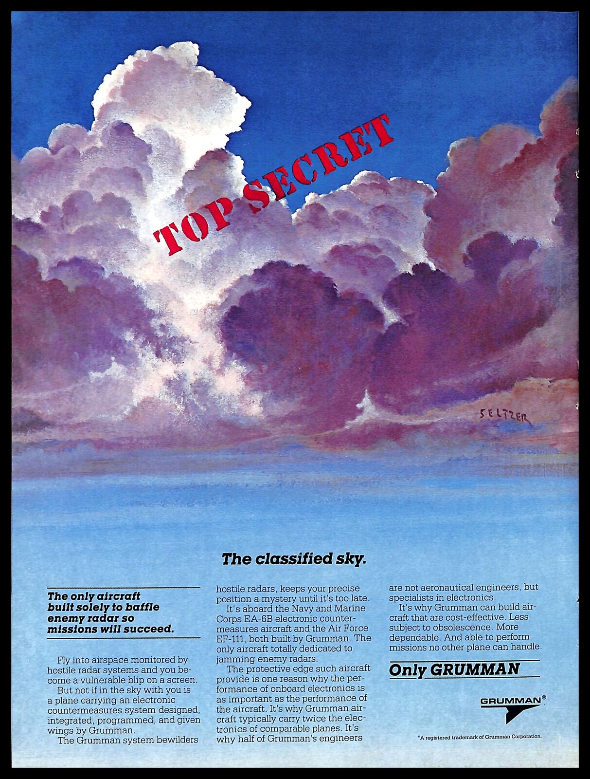 1985 Grumman Aircraft Vintage PRINT AD Top Secret Military Clouds Sky Art 1980s