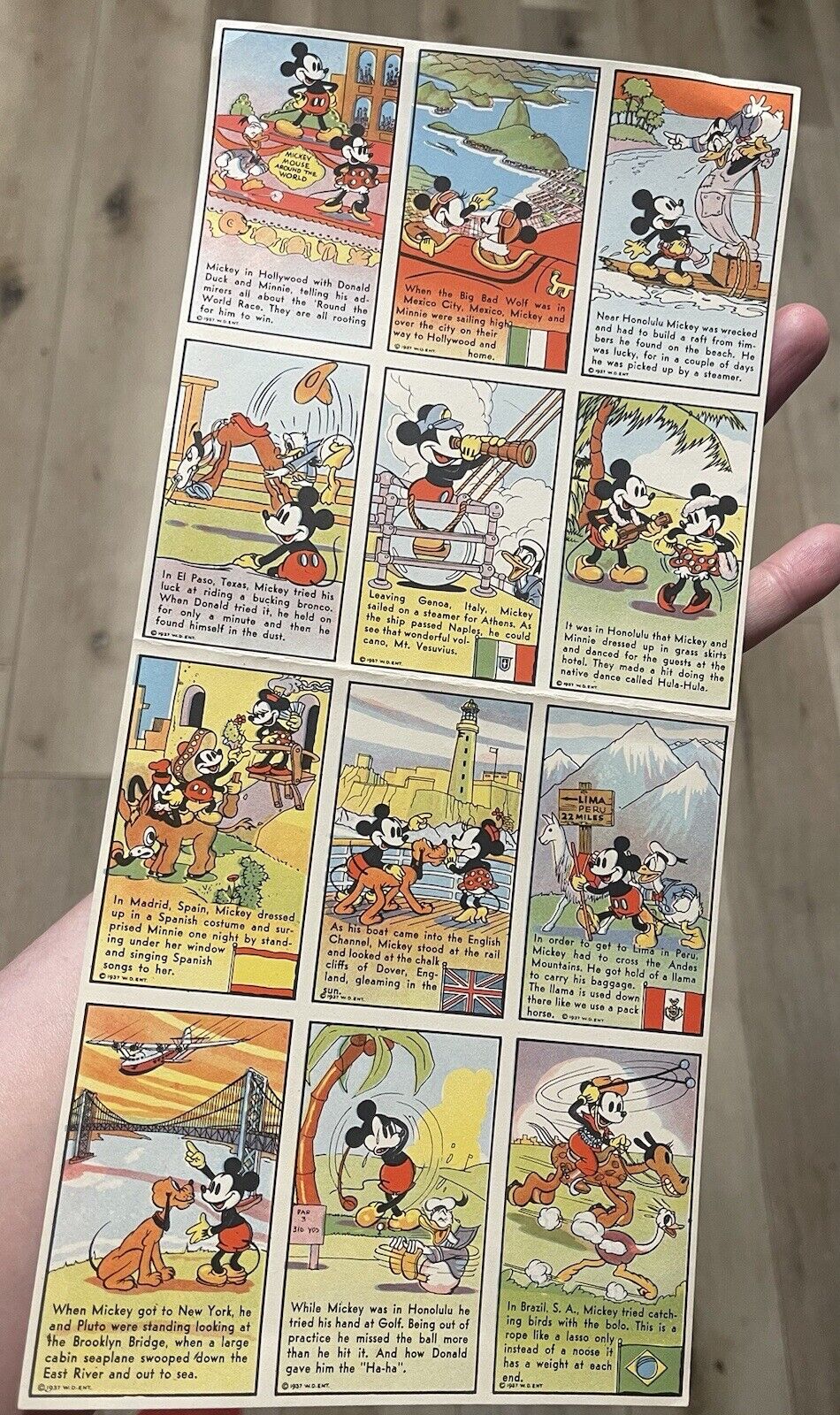 1937 MICKEY MOUSE UNCUT SHEET OF 12 BREAD CARDS WALT DISNEY MAP RARE CONDITION