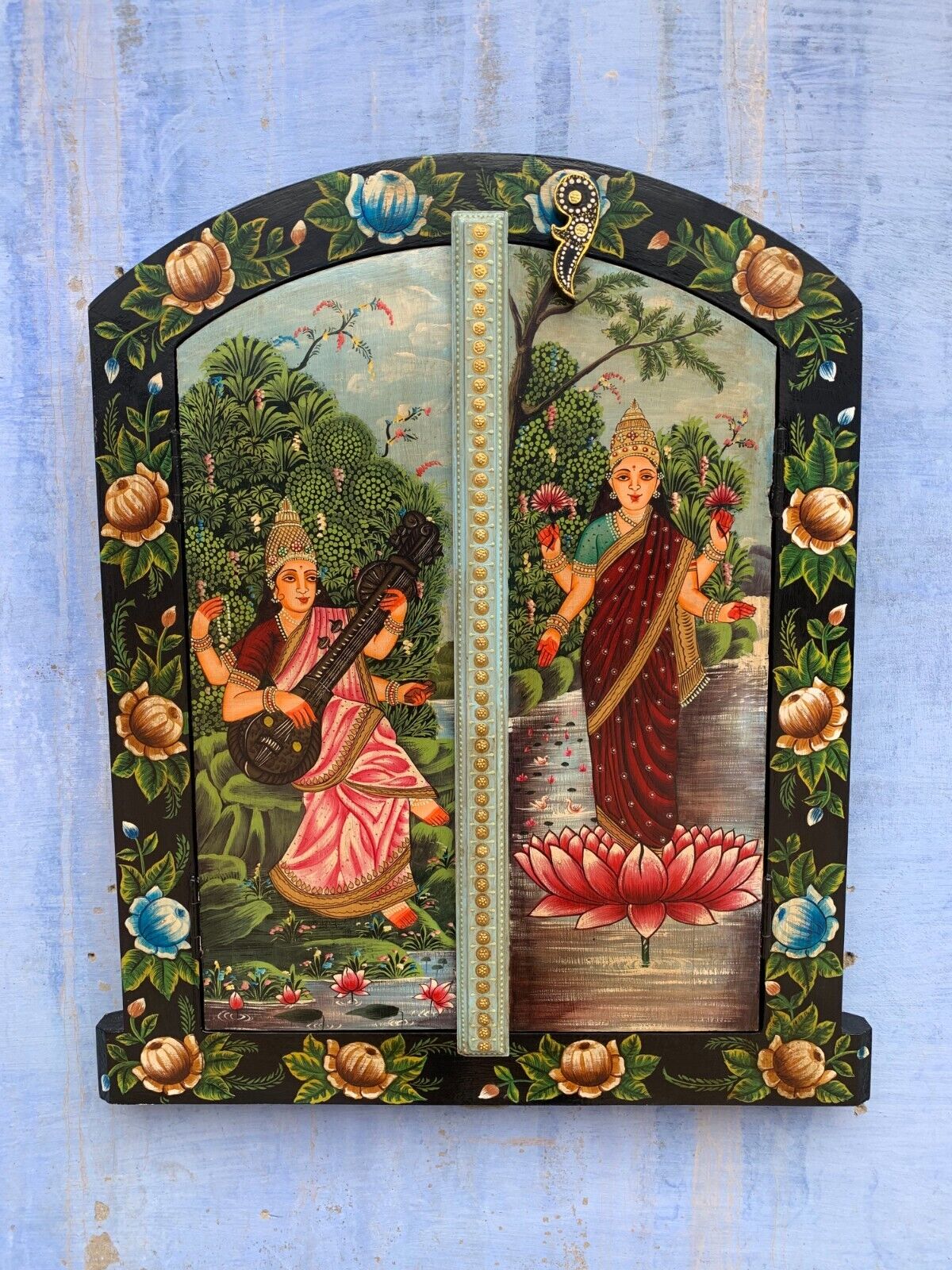 Wooden Hand Painted Window, God Saraswati Lakshmi Painting Window, Wall Hanging
