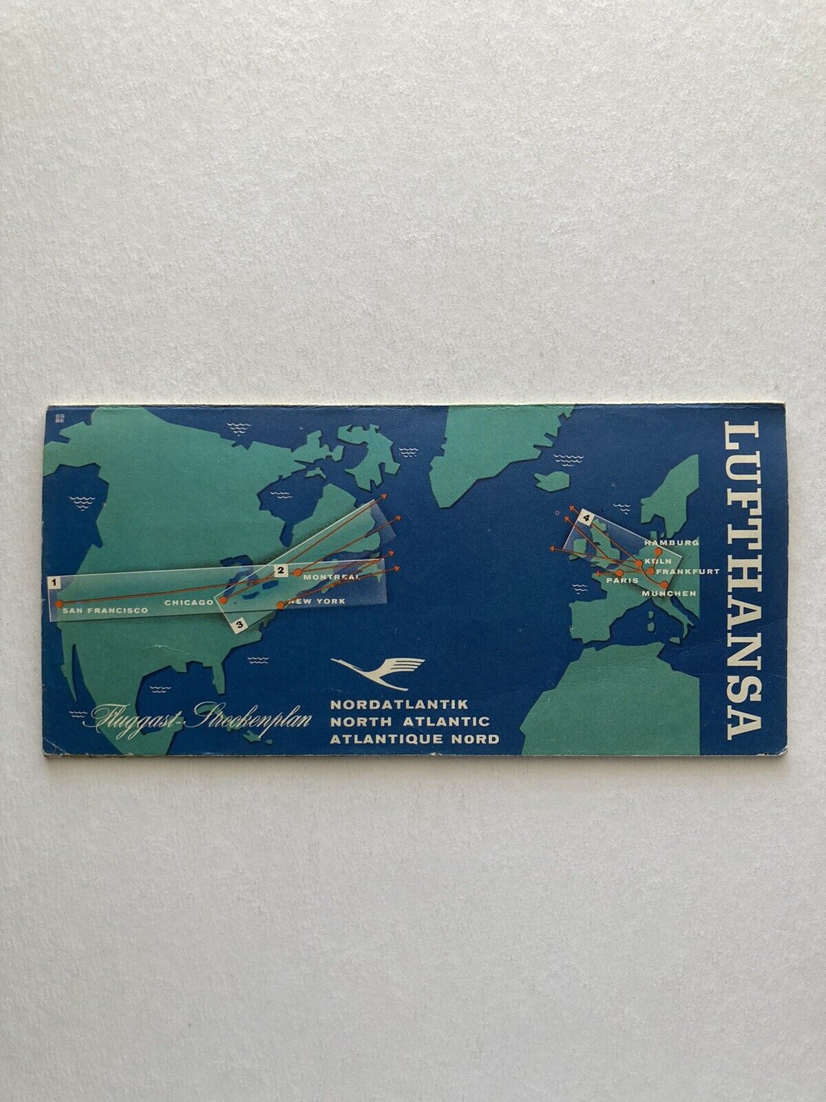 Vintage Lufthansa Airlines North Atlantic Route Map c.1960