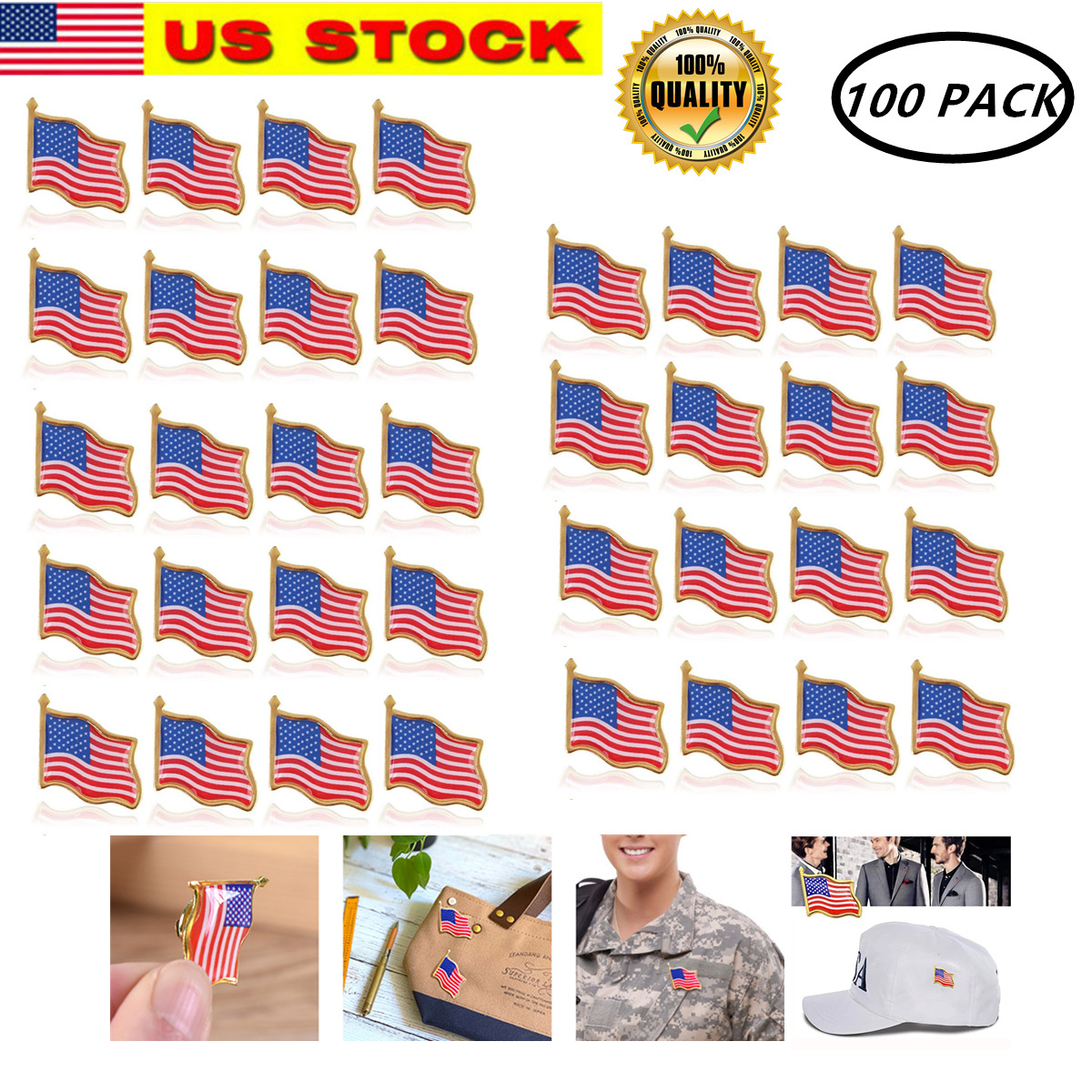 100 Pcs Unisex American Flag US Label Pin United States USA Hat Tie Tack Badge