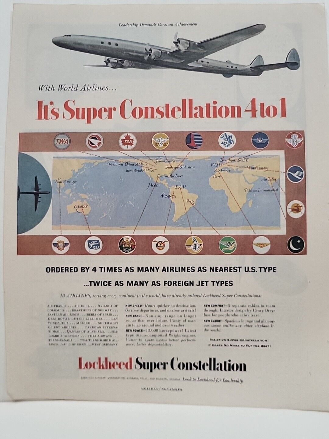 1953 Lockheed Super Constellation Jet Airplane Holiday Print Ad Vacation World