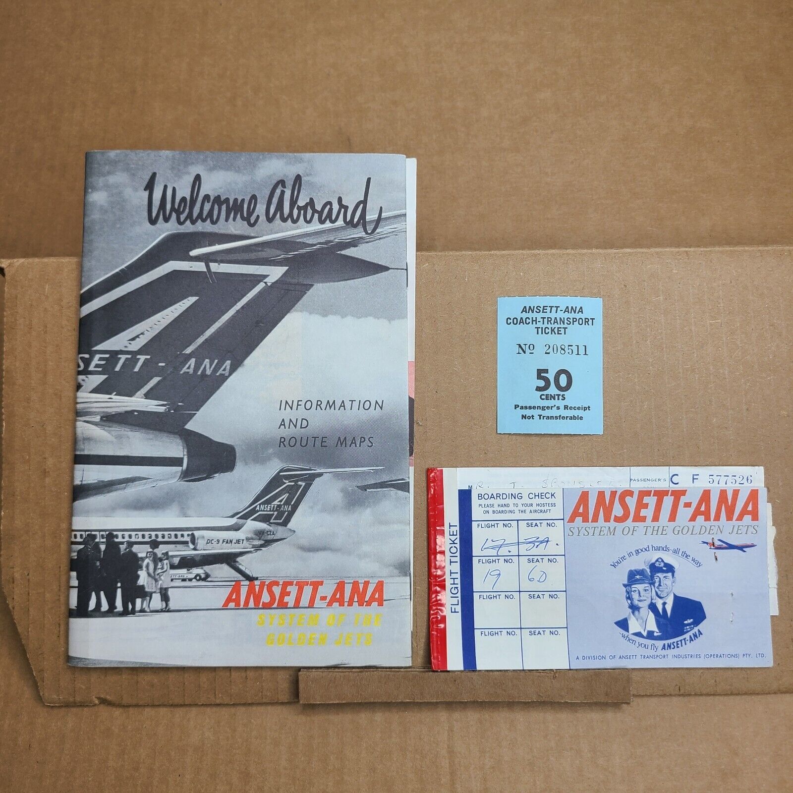 Vintage 1969 Ansett-Ana Golden Jet Service Welcome Aboard Booklet and Ticket