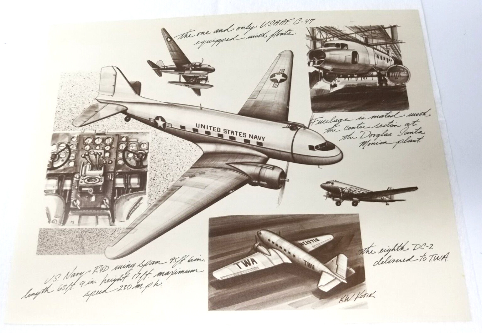 R4D C-47 DC-2 Plane Art Print Drawing McDonnell Douglas 1986 75th Anniversary