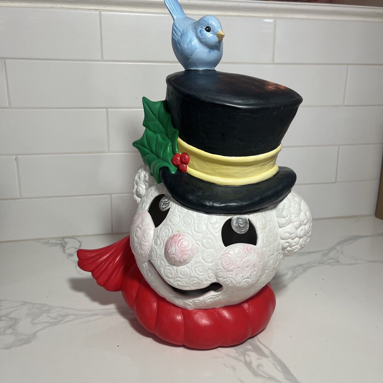 Vintage Nostalgic 15” Christmas Ceramic Snowman Bear With Hat Bluebird & Holly