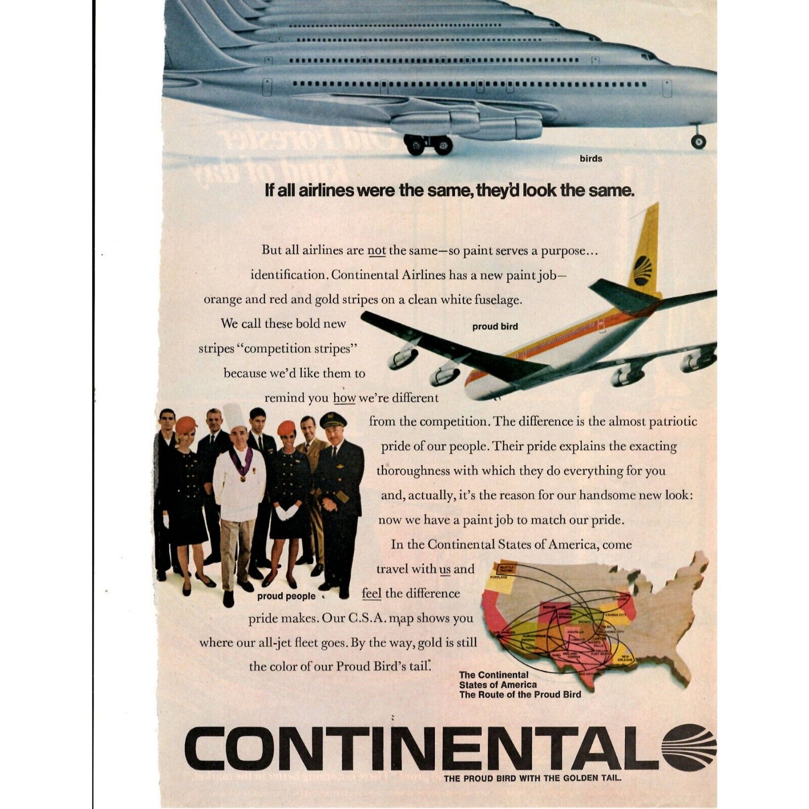 Continental Airlines 1967 The Proud Bird with the Golden Tail Advertising Print