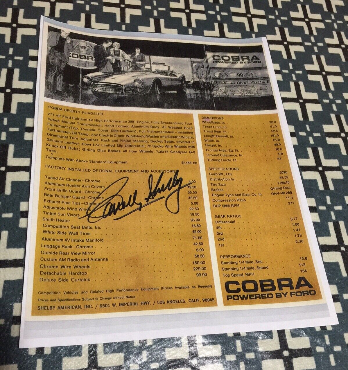 CARROLL SHELBY SIGNED 289 COBRA ROADSTER DEALER SALES SHEET RARE & COLLECTABLE