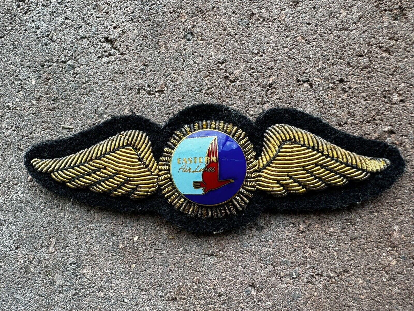 1940s Eastern Airlines pilot wings Enamel in Bullion wool felt Gold Embroidered