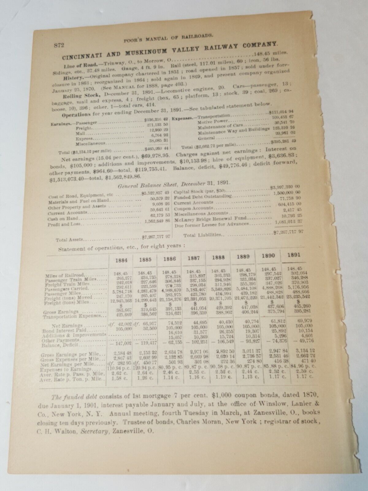 1892 train document CINCINNATI & MUSKINGUM VALLEY RAILWAY Trinway Morrow Ohio RR