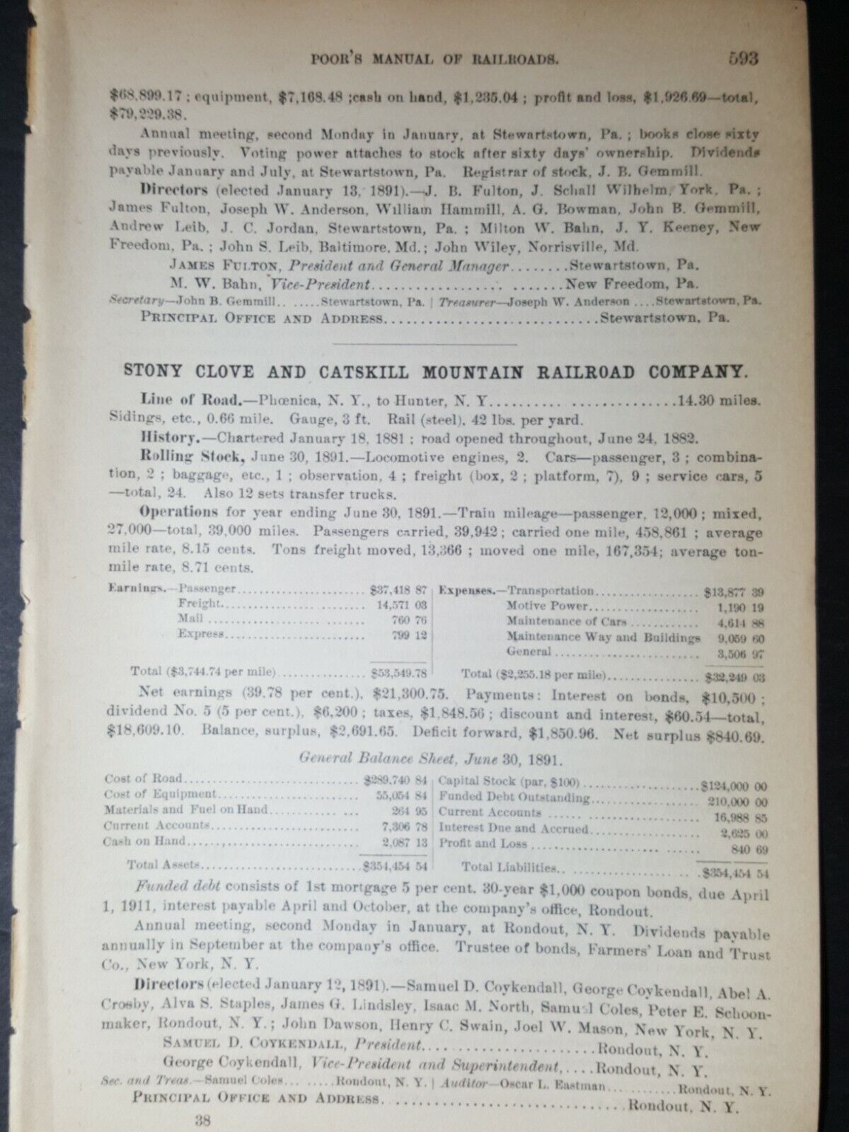 1892 train report ☆ STONY CLOVE & CATSKILL MOUNTAIN RAILROAD Phoenica Hunter NY 