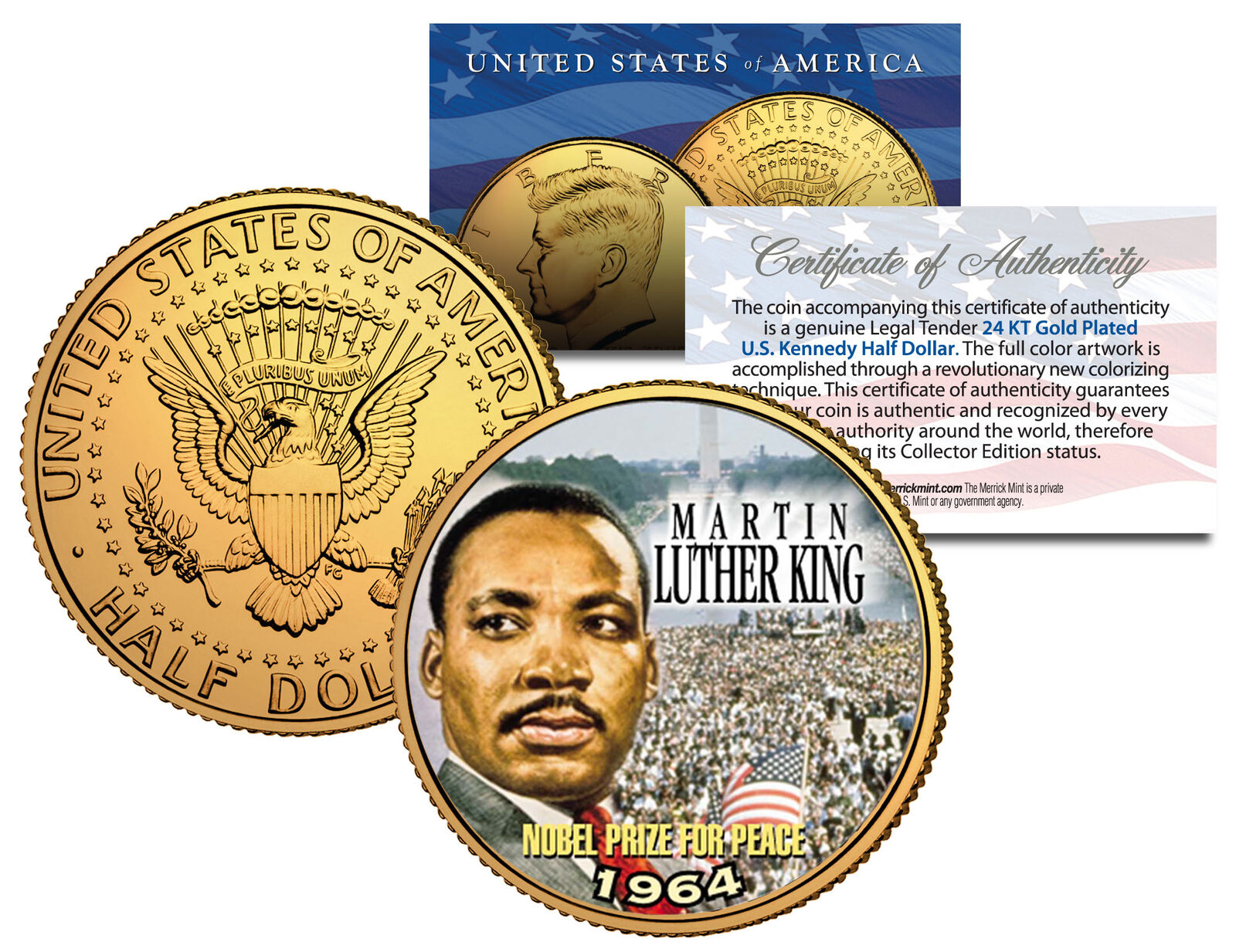 MARTIN LUTHER KING JR. 24K Gold Plated JFK Half Dollar US Coin NOBEL PEACE PRIZE