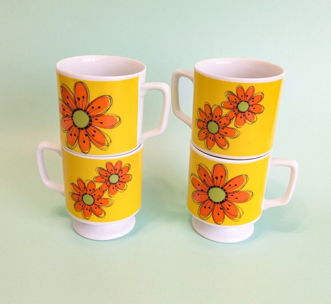 VTG Style 70s Retro Floral Pedestal Cups MCM Yellow Orange Flower Mug Set of 4