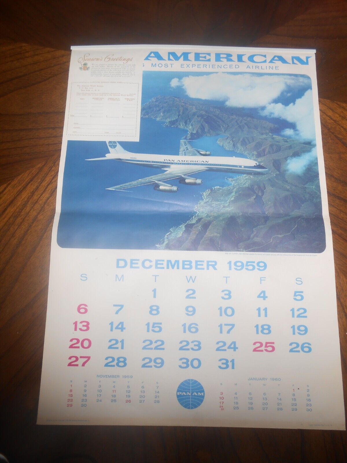 1960/59 Pan American World Airways Wall Calander-Large & never used