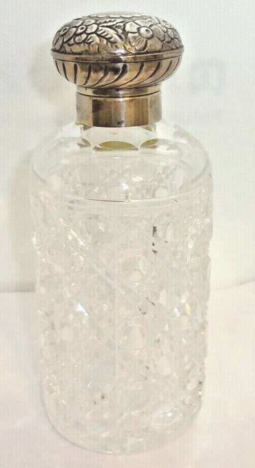 1997 London KH Crystal Scent Perfume Bottle Sterling Silver Repousse Cap