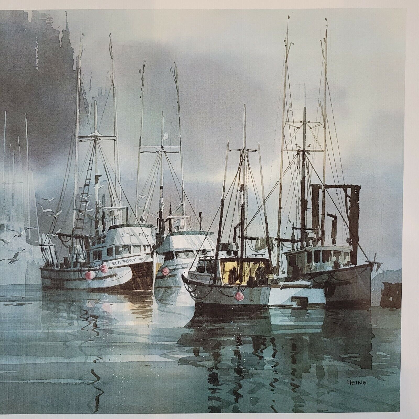 The Sea Fury Fishing Boat Watercolor Print By Harry Heine Foggy Bay Ocean 19x24 