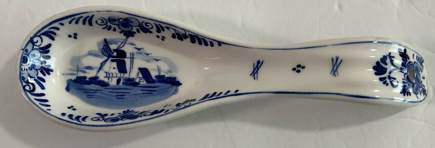 Vintage Hand Painted Delft Blue Windmill Design Spoon Rest