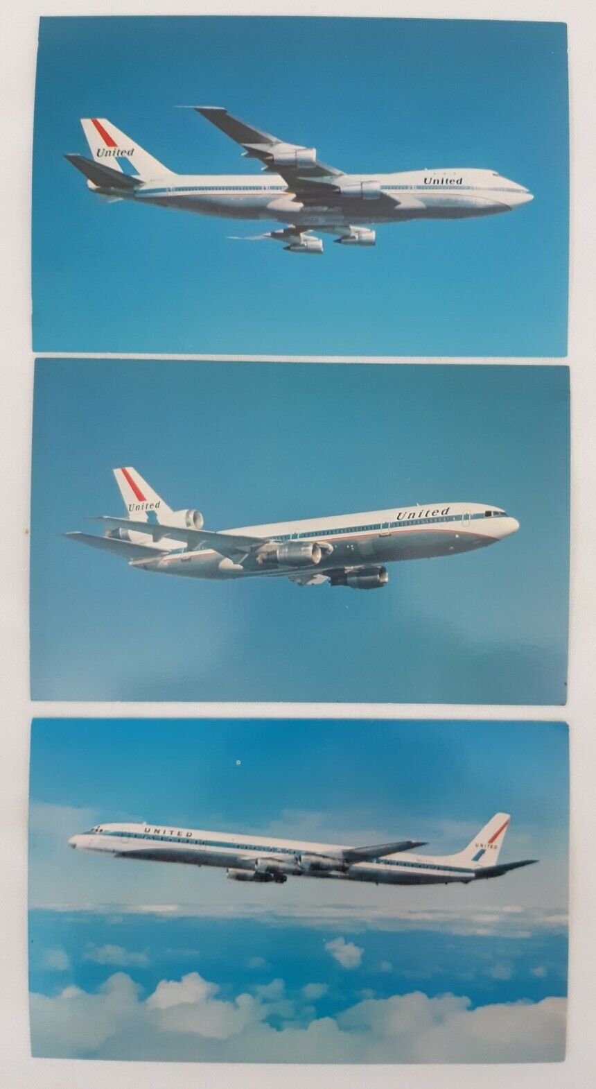 Lot Vintage UNITED AIRLINES POSTCARDS Boeing 747, Super DC-8, Douglas DC-10 UAL