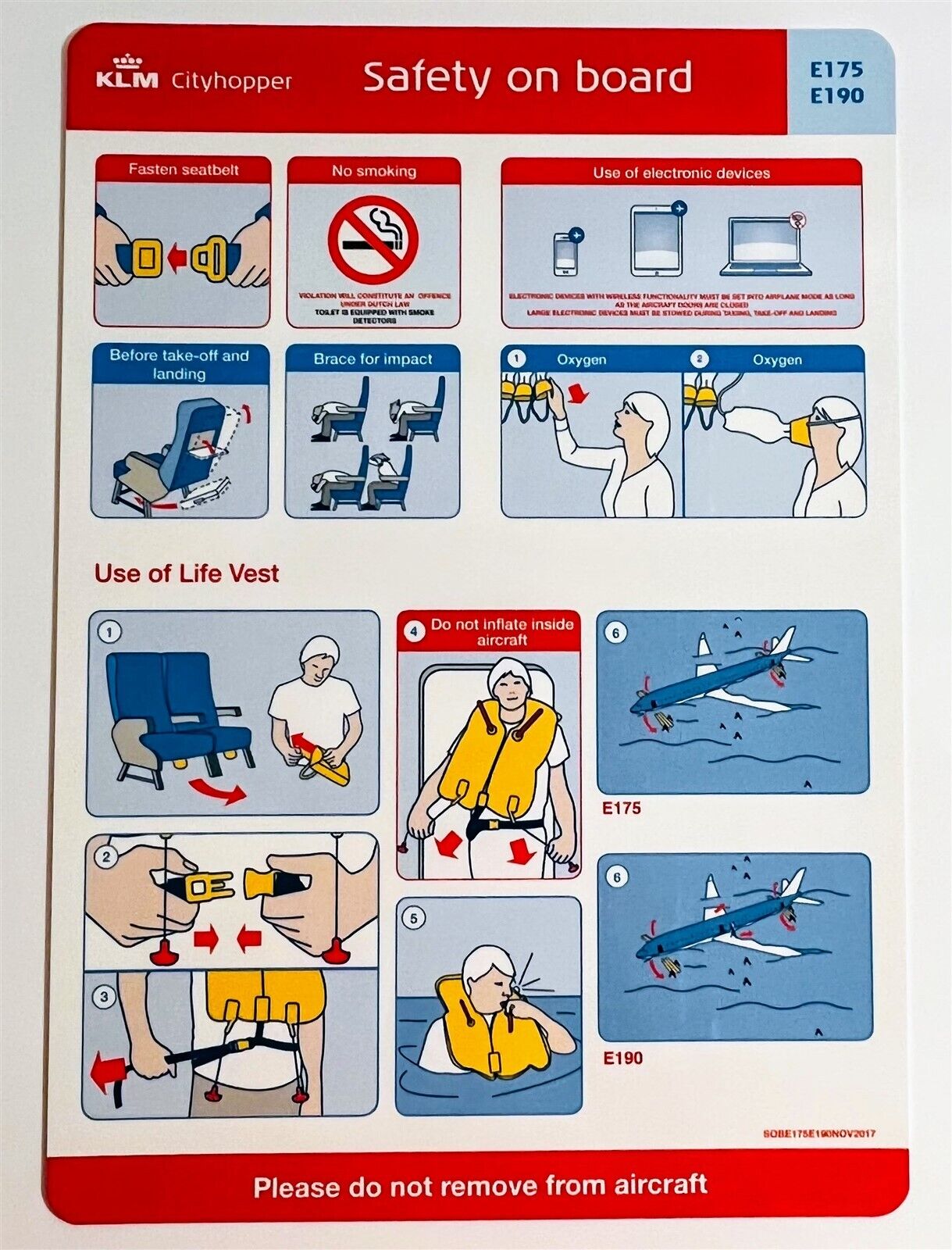 KLM CITYHOPPER Embraer 175/190 Airline Safety Card Instructions Nov 2017
