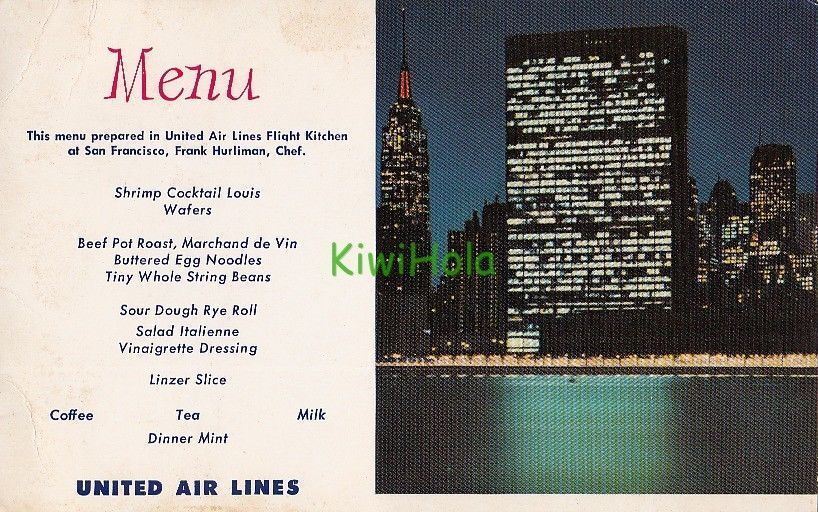 Postcard Airplane United Air Lines Menu San Francisco Frank Hurliman Chef