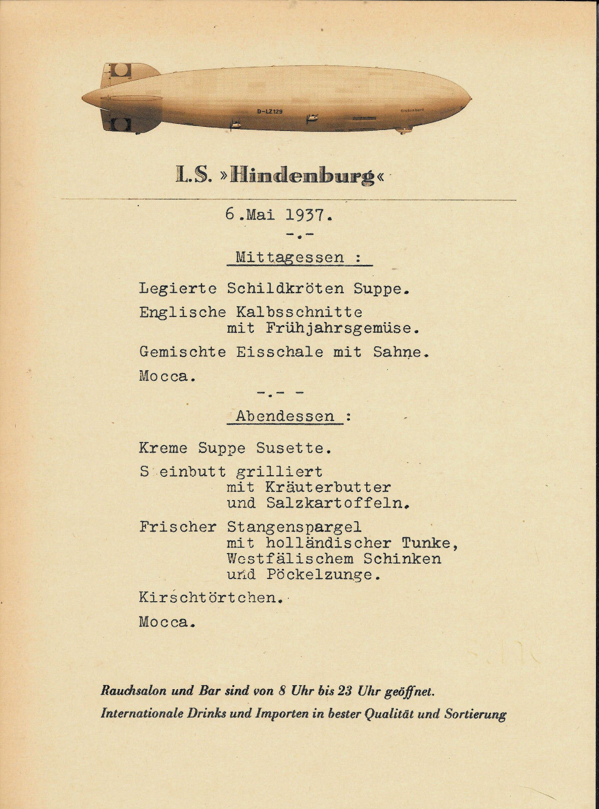 Hindenburg Rigid Airship Menu In German Reprint On Genuine 1930s Paper P004