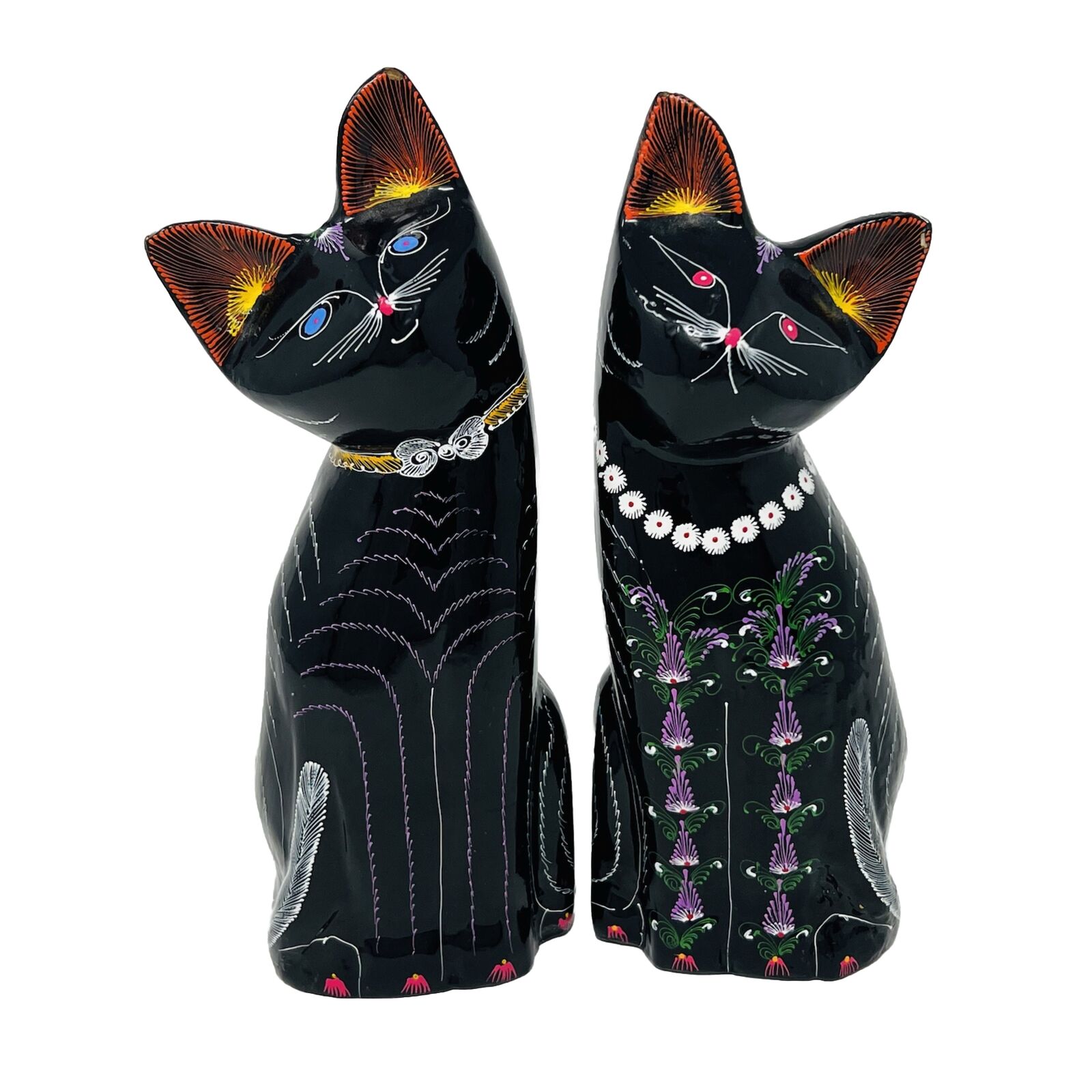 2x Black Lacquer Cat Figurines Hand Painted Multicolored Flower Design, 8.5 in