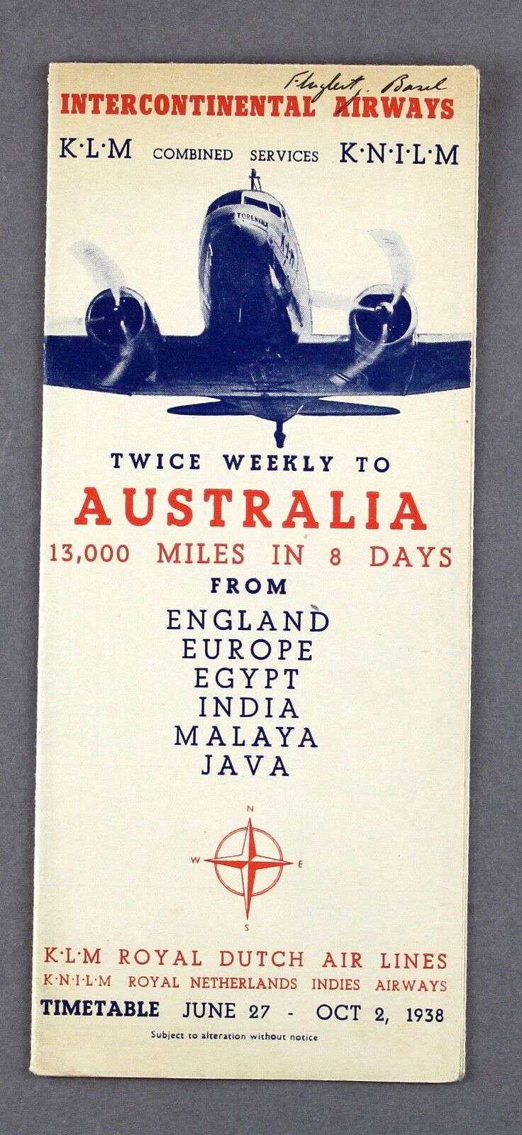 KLM / KNILM ROYAL NETHERLANDS INDIES AIRWAYS AUSTRALIA AIRLINE TIMETABLE 1938 