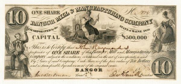 Bangor Mill and Manufacturing Co - Stock Certificate - Early Stocks and Bonds