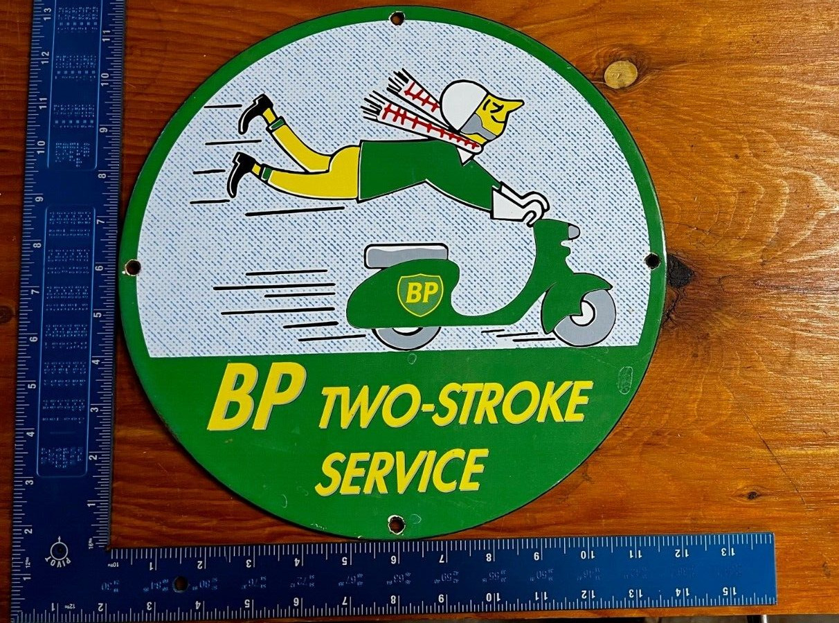 Vintage British Petroleum BP Two-Stroke Service Porcelain Sign Vespa RARE