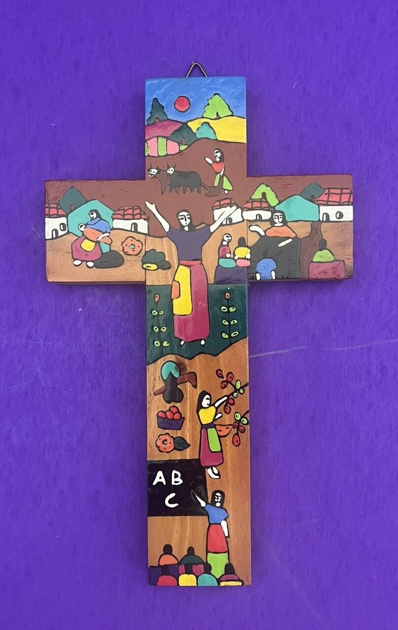 Colorful Hand Painted Wooden Cross Teacher Mother Farmer El Salvador 8” SALE