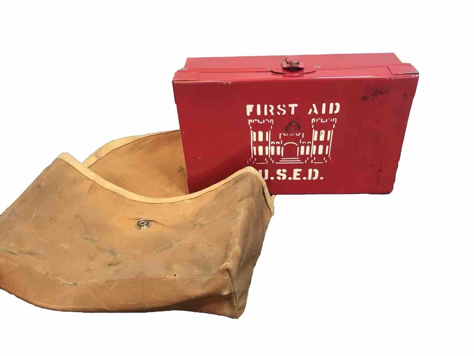 Vintage Military Red Metal First Aid Kit With Bag U.S.E.D