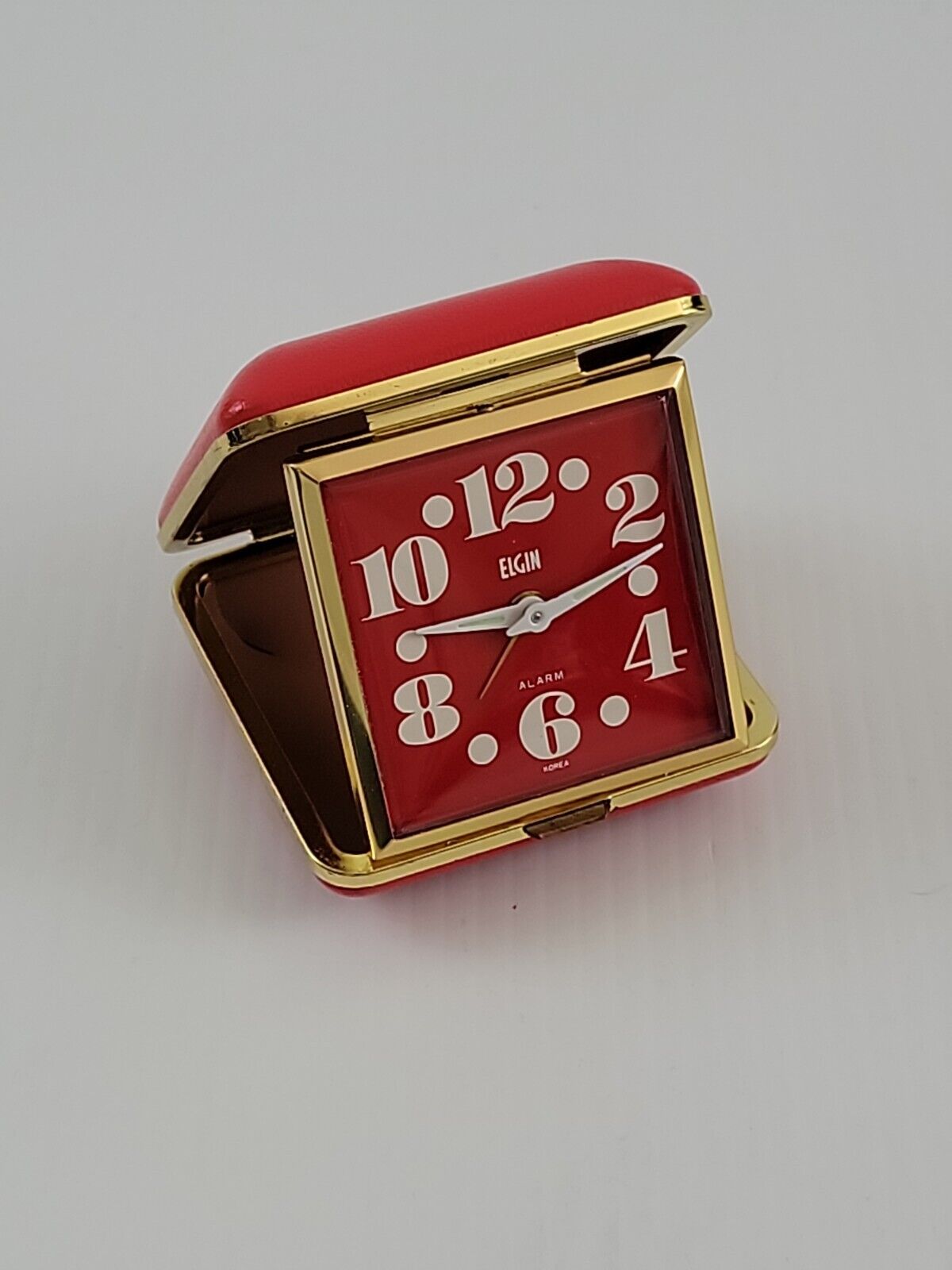 Vintage Elgin Travel Folding Red with Gold Trim Alarm Clock Made In Korea EUC